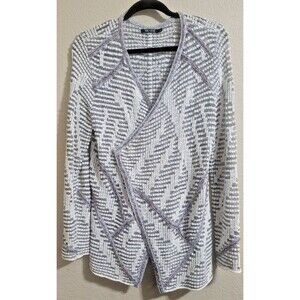 Nic + Zoe Womens Cardigan Open Front Knit Sweater Large White Gray Geometric